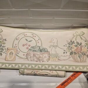 4 Vtg Goose Wallpaper Border Rolls Tea Cherries Apples Green Bow Gingham Basket